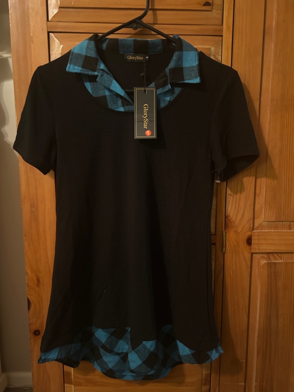 Glory Star Black Tunic with Blue Plaid Collar & Hem